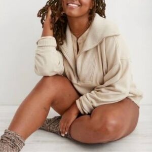 The Aerie Down to Earth Ribbed Wide Collar Oversized Sweatshirt in size smal